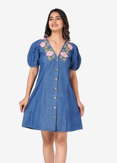V-Neck Organic Cotton Denim A-Line Dress