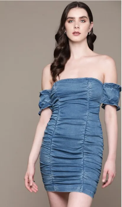Denim Daze Off-Shoulder Ruched Bodycon Mini denim Dresses