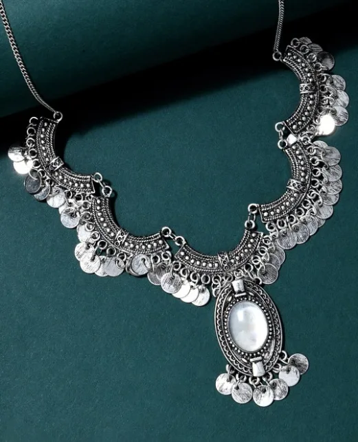 Silver-Toned & White Silver-Plated Oxidised Necklace