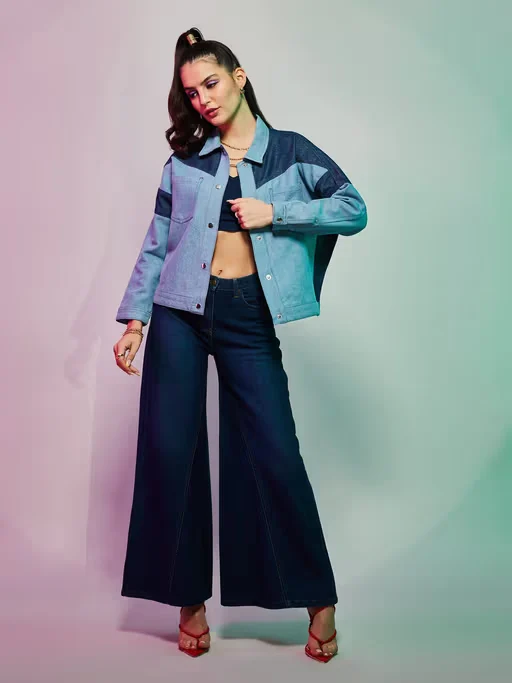 Blue Oversized Colorblock Denim Jacket
