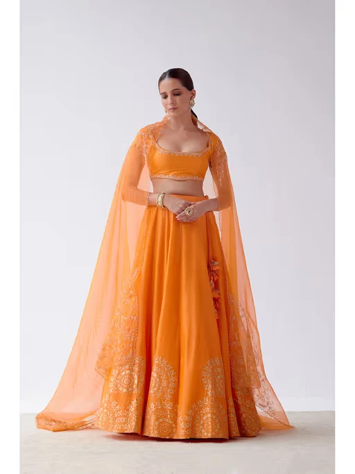 Orange Hand Block Print Lehenga and Blouse with Dupatta