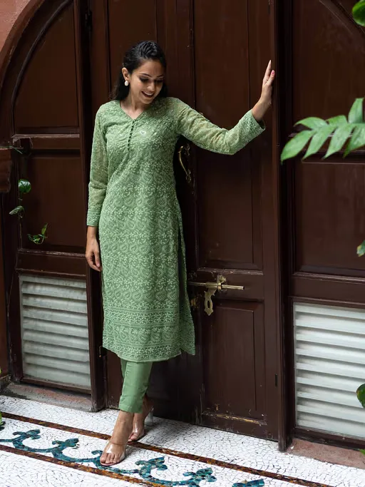Green Georgette Chikankari Kurta