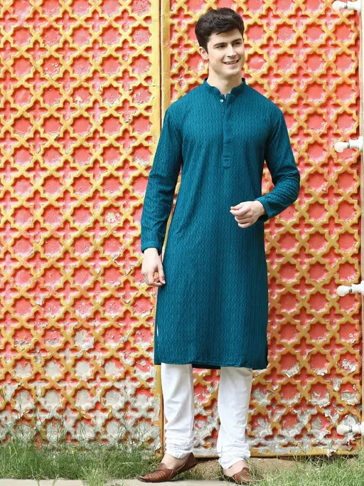Mens Blue Chikankari Designer Cotton Kurta