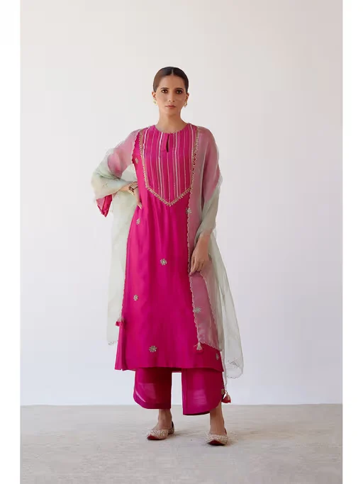 Fuchsia Hand Embroidered Kurta and Palazzo with Dupatta
