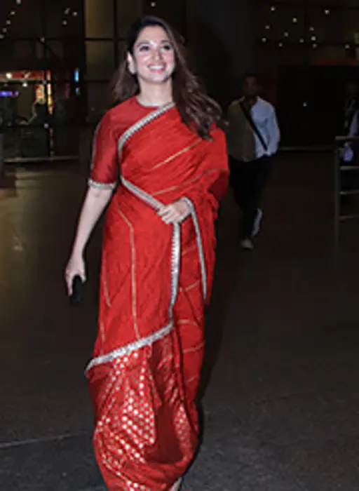 Red Crushed Honeycomb Saree with Unstitched Blouse by Tamannaah Bhatia