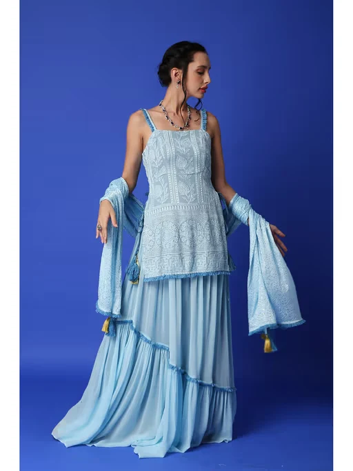 Sharmila Chikankari Kurta - Ice Blue