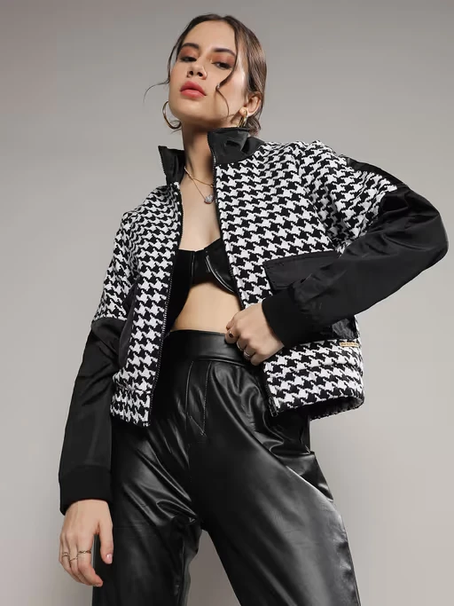 Women's Black & White Contrast Houndstooth Jacket