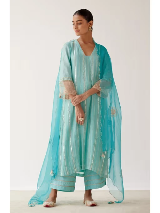 Aqua Blue Zari Detailed Chanderi Kurta and Palazzo with Dupatta