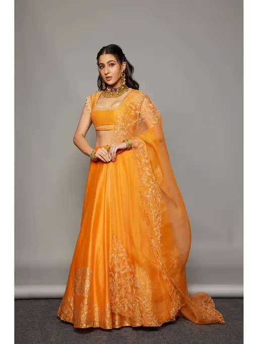 Orange Hand Block Print Lehenga and Blouse with Dupatta worn by Sara Ali Khan