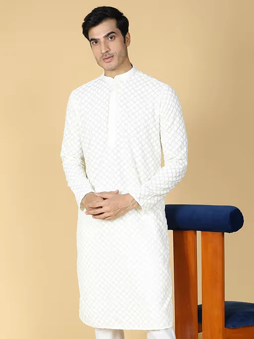 Chikankari Embroidery White Kurta For Men