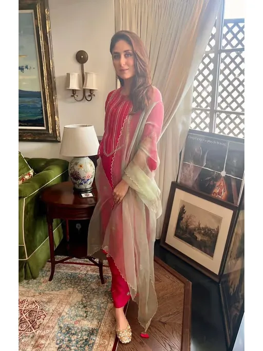 Fuchsia Hand Embroidered Kurta and Palazzo with Dupatta worn by Kareena Kapoor