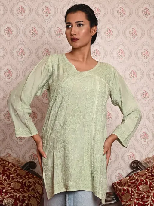 Light Green Polyester Viscose Chikankari Embroidered Stitched Short Kurti
