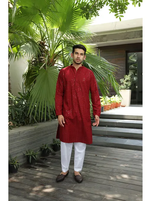 Rayan Chikankari Cotton Straight Men Kurta with Sequin