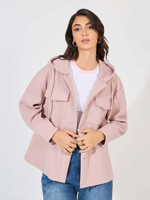 Women's Solid Fit Regular Length Wool Look Hooded Shacket