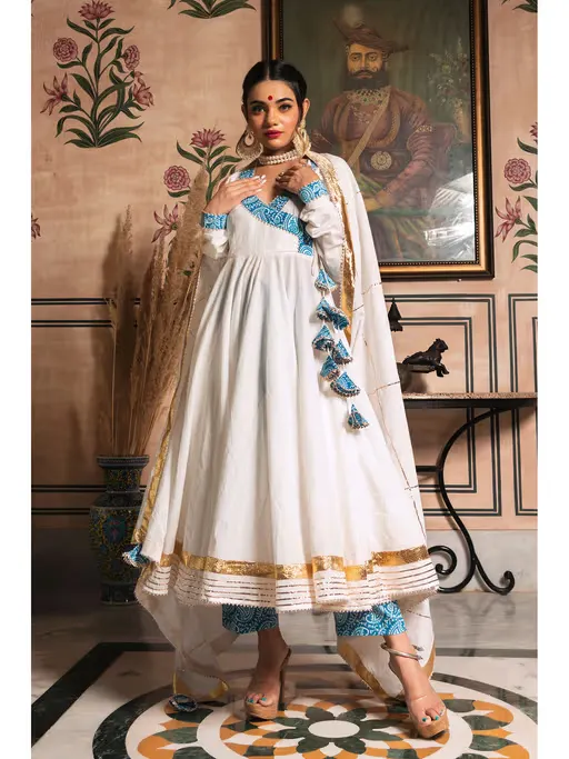 White Mogra Pure Cotton Angrakha Kurta 