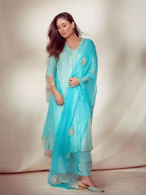 Aqua Blue Zari Detailed Chanderi Kurta and Palazzo with Dupatta by Kareena Kapoor
