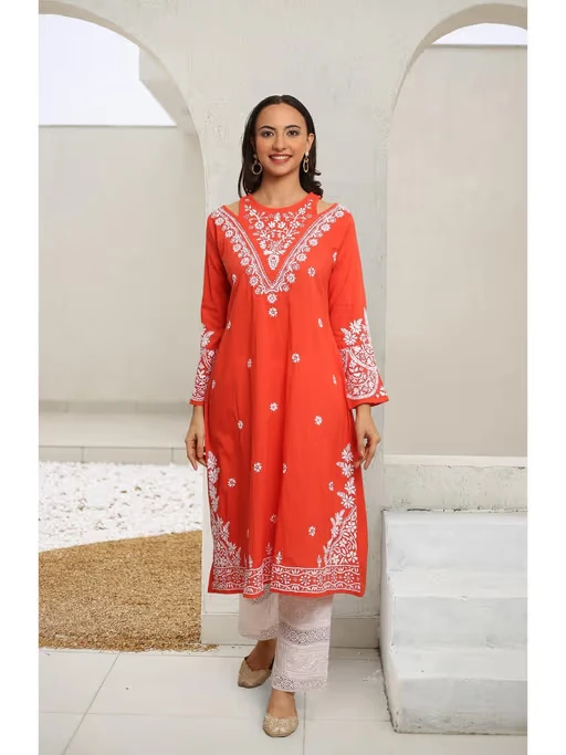 Saba Embroidered Chikankari Long Kurta In Cotton - Orange