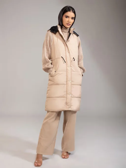 Beige Solid Hooded Puffer Jacket