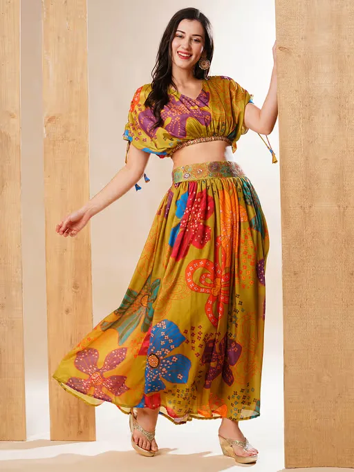 Floral Print Kaftan Top & Skirt Fusion Co-Ord Set