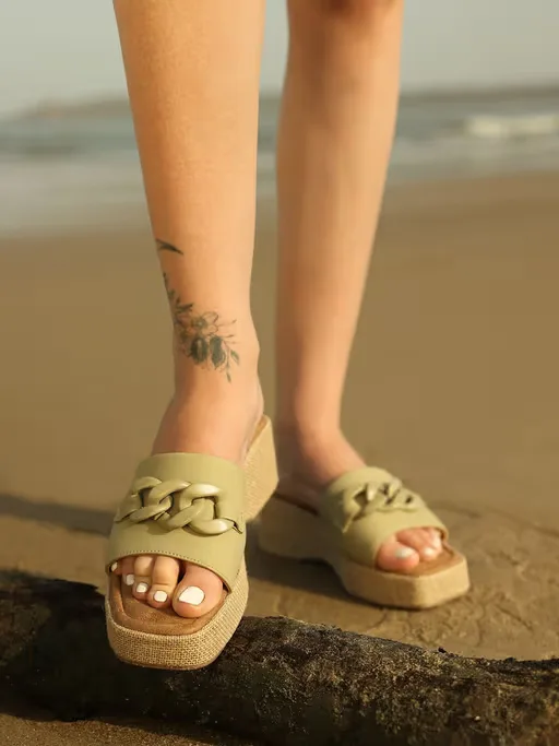 Green Casual Wedge Heels
