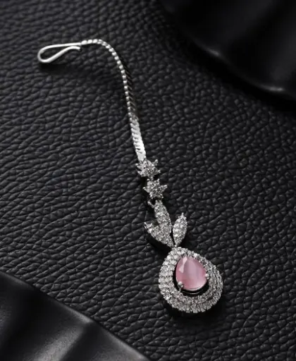 Silver-Plated AD Studded Teardrop Shaped Maang Tika