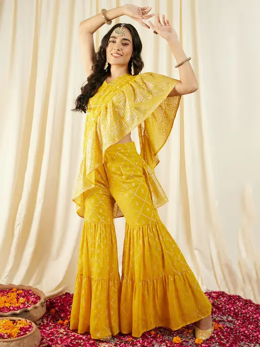 Yellow Printed Crop Top with Sharara & Frill Dupatta