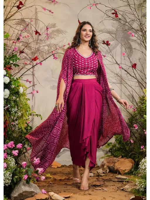 Maroon Bandhej Draped Skirt Cape & Blouse