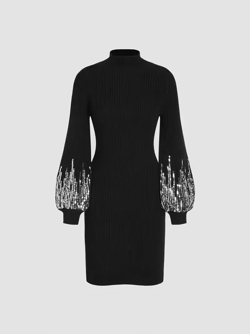 Sequins High Neck Lantern Sleeve Knitted Dress