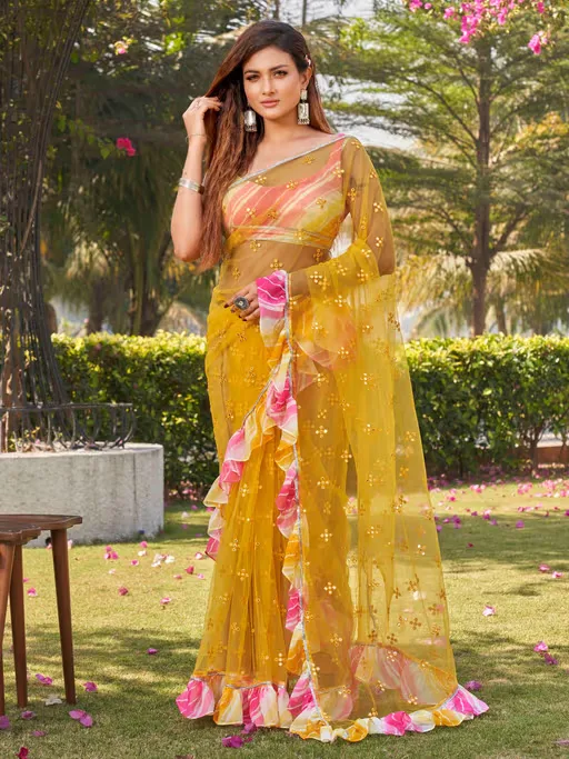 Yellow Net Ruffle and Faux Mirror Work Saree