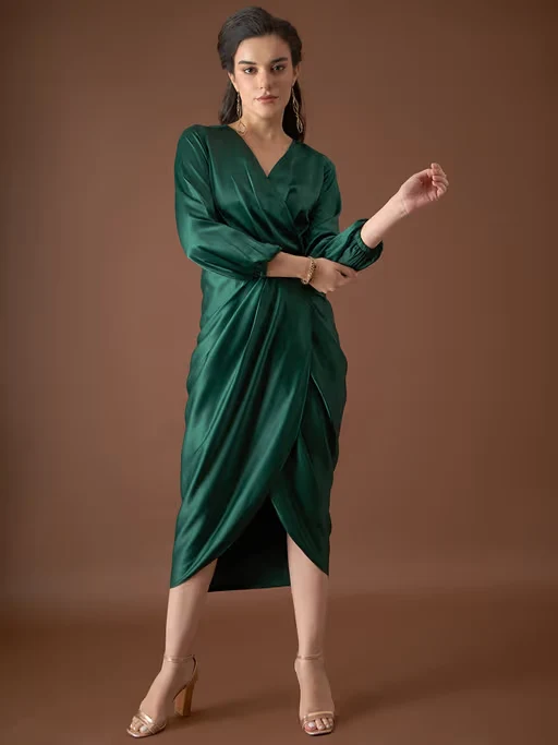 Green V-Neck Tulip Midi Dress