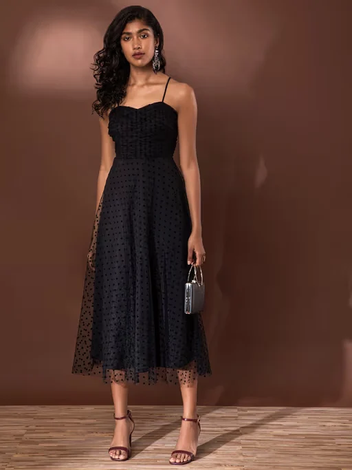 Black Polka Dots Midi Dress