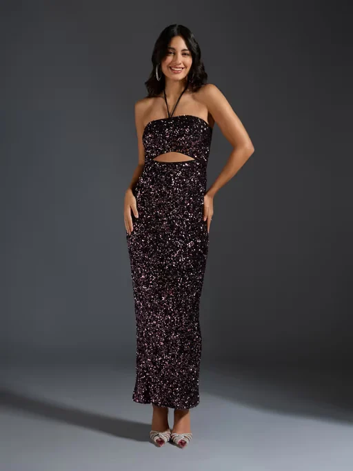 Black Sequined Halter Neck Maxi Gown