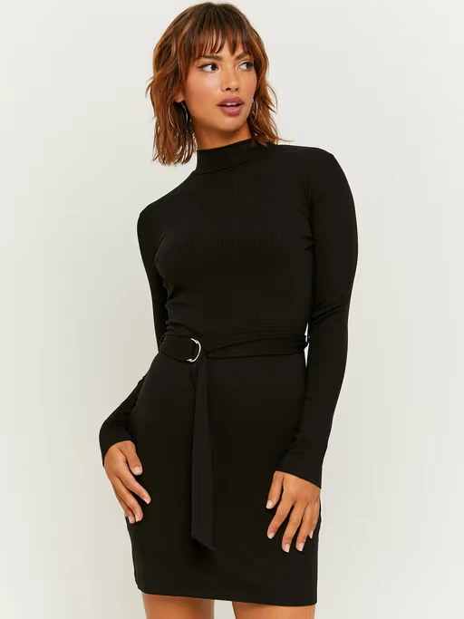 High Neck Woven Mini Dress With Belt In Black