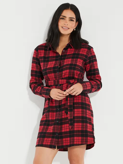 Red Plaid Check Tie-Belt Shirt Dress
