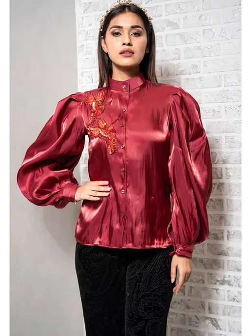 Maroon Puff Sleeves Shirt