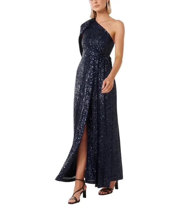 Navy Liberty Wrap Cape Sequin Flare Fit Gown