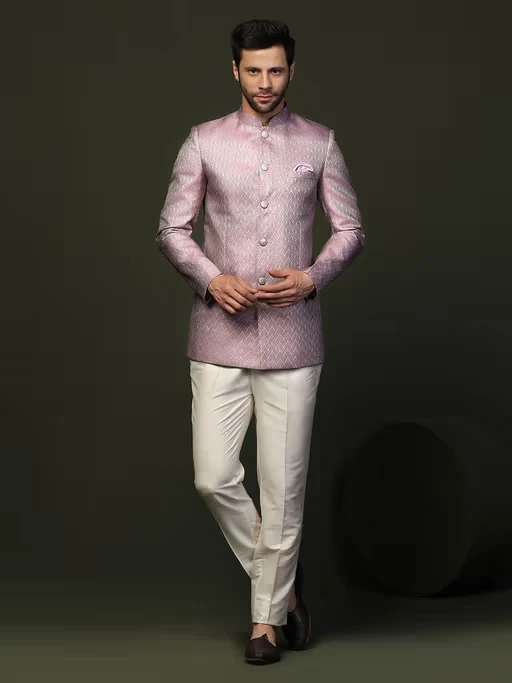 Lilac Textured Silk Blend Jacquard Jodhpuri Bandhgala Trouser Set