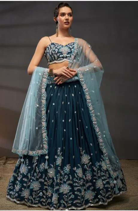 Embroidered Pure Chiffon Lehenga & Blouse With Dupatta