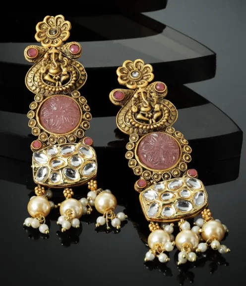 Kundan Studded & Beaded Drop Earrings