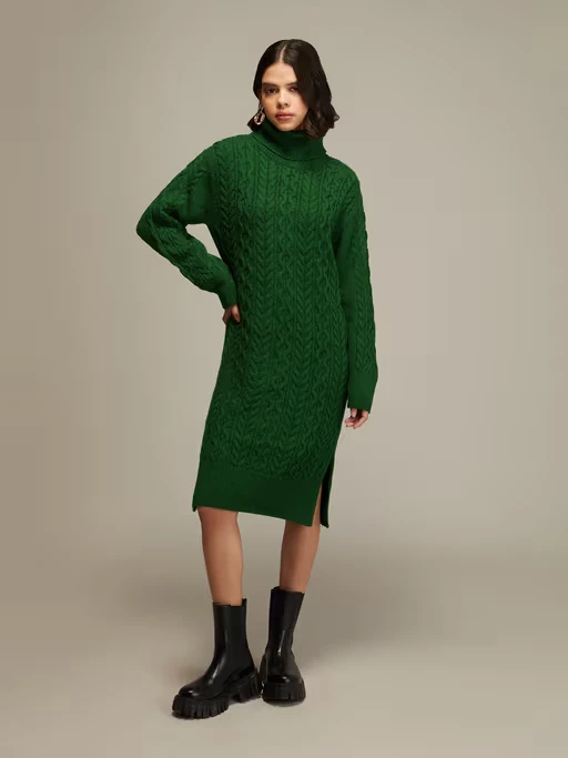 Green Turtle Neck Midi Sweater Dress