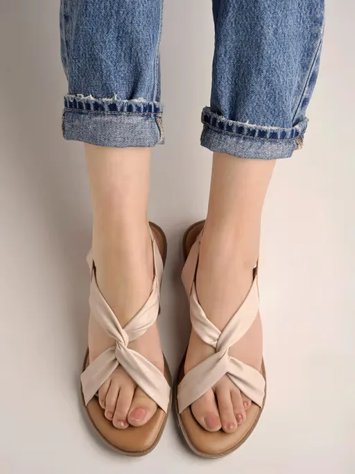 Cross Strap Cream Flat Sandals