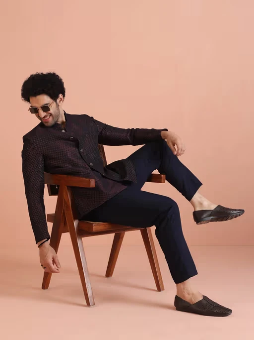 Magenta Textured Jacquard Jodhpuri Bandhgala Trouser Set  for Men’s Ring Ceremony