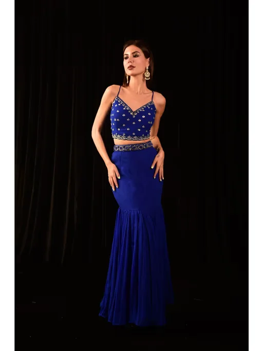Royal Blue Crop Top with Fish Cut Lehenga and Dupatta
