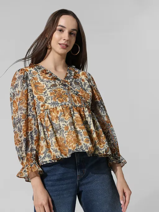 Beige Chiffon Floral Top