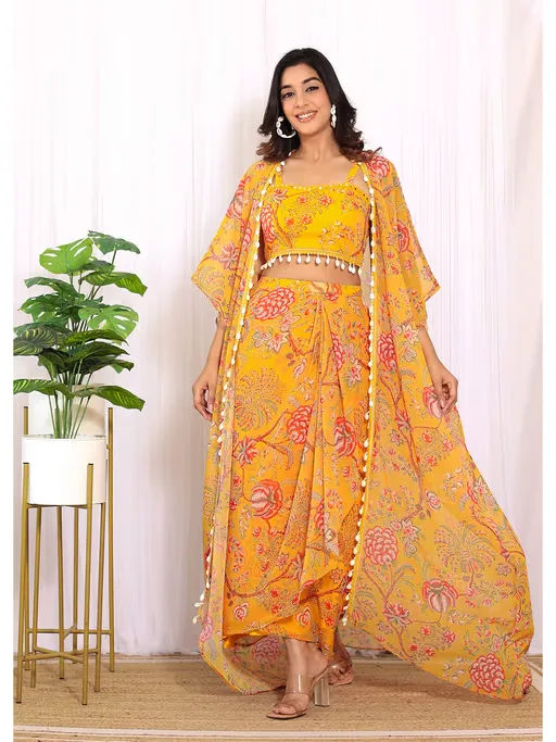 Mustard Floral Printed Georgette Crop Top & Draped Skirt Co-Ord