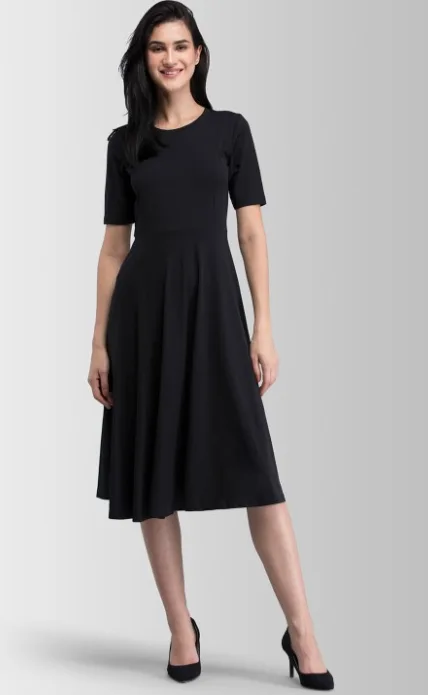 Women's Black Solid Midi Fit & Flare Dress