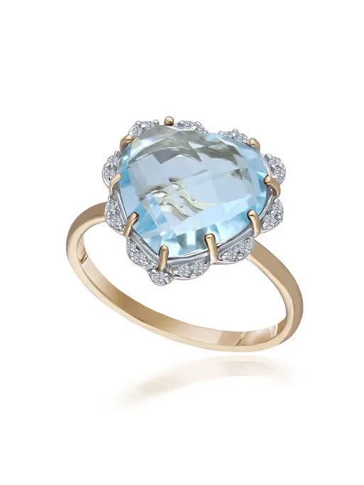 Blue Topaz and Diamond Heart Ring in 14 Kt Yellow Gold 