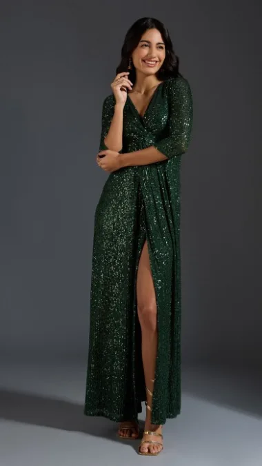 Green Embellished V-Neck Sequinned Maxi Dress