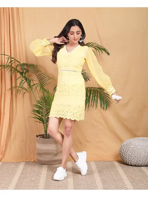 Yellow Embroidered Dress with Organza Sleeves