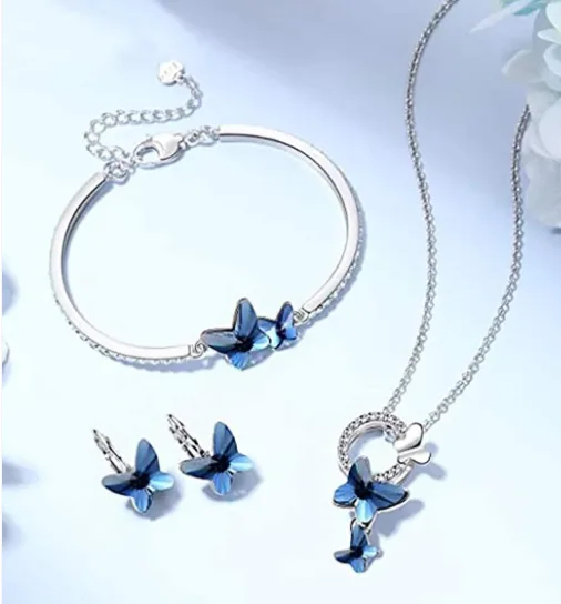 Silver-Tone Crystal Butterfly Pendant With Earrings & Bracelet